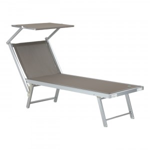 vista obliqua di una brandina prendisole con tettuccio regolabile e schienale reclinabile Salento Totò Piccinni colore tortora