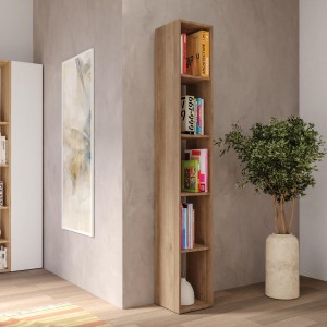 Vista ambientata Libreria colonna in legno con 4 ripiani regolabili colore rovere mercure 28x186h modello Modula Totò Piccinni