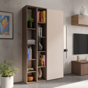 Vista ambientata Libreria in legno 109x185h con 3 elementi colore "cashmere - bronzo" con vani a giorno e anta modello Modula Totò Piccinni