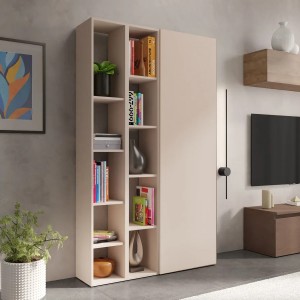Vista ambientata Libreria in legno 109x185h con 3 elementi colore "cashmere" con vani a giorno e anta modello Modula Totò Piccinni