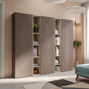 Vista ambientata Libreria in legno 217x185 con 5 elementi colore "bronzo - cashmere" con vani a giorno e 3 ante modello Modula Totò Piccinni