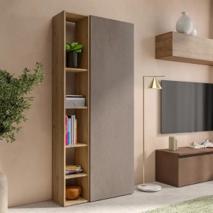 Vista ambientata Libreria 2 elementi in legno con vani a giorno e anta colore "bronzo - rovere cadiz" modello Modula Totò Piccinni