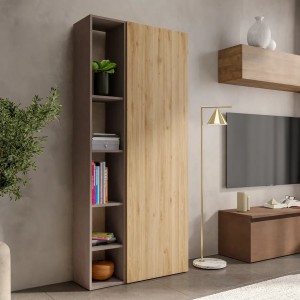 Vista ambientata Libreria 2 elementi in legno con vani a giorno e anta colore "rovere cadiz - bronzo" modello Modula Totò Piccinni