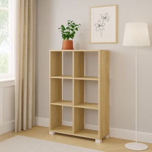 Vista ambientata Libreria in legno colore Rovere design moderno 6 scomparti Totò Piccinni