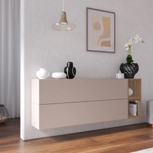 Vista ambientata Madia sospesa reversibile in legno con 2 ante e 2 vani 166x58h colore "cashmere - rovere mercure" modello Modula Totò Piccinni