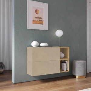 Vista ambientata Madia sospesa reversibile in legno con 2 ante e 2 vani 97x58h colore "argilla - rovere cadiz" modello Modula Totò Piccinni