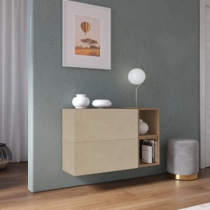 Vista ambientata Madia sospesa reversibile in legno con 2 ante e 2 vani 97x58h colore "argilla - rovere mercure" modello Modula Totò Piccinni