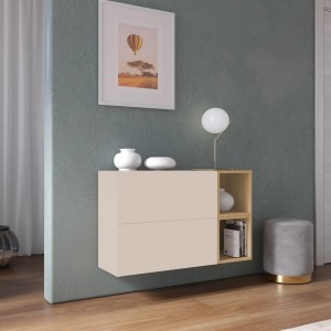 Vista ambientata Madia sospesa reversibile in legno con 2 ante e 2 vani 97x58h colore "cashmere - rovere cadiz" modello Modula Totò Piccinni