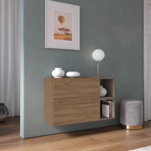 Vista ambientata Madia sospesa reversibile in legno con 2 ante e 2 vani 97x58h colore "rovere mercure - bronzo" modello Modula Totò Piccinni
