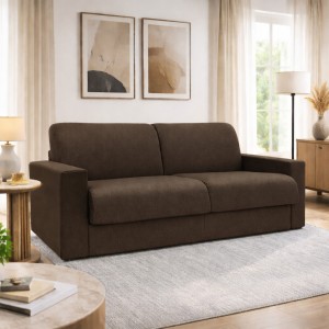 Vista amvientata Divano letto ribaltone colore Marrone imbottito con braccioli materasso 16cm Totò Piccinni