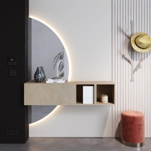 Vista ambientata Mobile Ingresso 124x155h in legno colore "argilla" con doppio scpecchio retroilluminato modello Modula Totò Piccinni