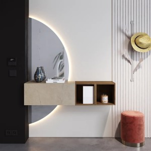 Vista ambientata Mobile Ingresso 124x155h in legno colore "argilla - rovere mercure" con doppio scpecchio retroilluminato modello Modula Totò Piccinni