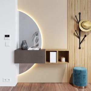 Vista ambientata Mobile Ingresso 124x155h in legno colore "bronzo - rovere cadiz" con doppio scpecchio retroilluminato modello Modula Totò Piccinni