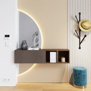 Vista ambientata Mobile Ingresso 124x155h in legno colore "bronzo - rovere mercure" con doppio scpecchio retroilluminato modello Modula Totò Piccinni