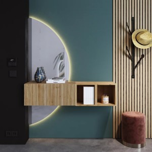 Vista ambientata Mobile Ingresso 124x155h in legno colore "cannettato rovere cadiz" con doppio scpecchio retroilluminato modello Modula Totò Piccinni