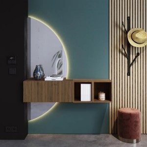 Vista ambientata Mobile Ingresso 124x155h in legno colore "cannettato rovere mercure" con doppio scpecchio retroilluminato modello Modula Totò Piccinni