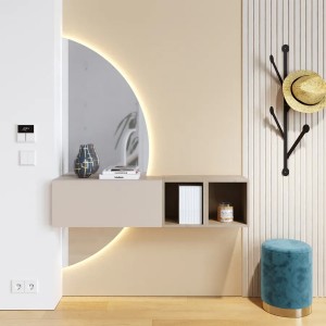 Vista ambientata Mobile Ingresso 124x155h in legno colore "cashmere - argilla" con doppio scpecchio retroilluminato modello Modula Totò Piccinni