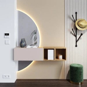 Vista ambientata Mobile Ingresso 124x155h in legno colore "cashmere - rovere cadiz" con doppio scpecchio retroilluminato modello Modula Totò Piccinni