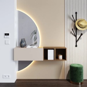 Vista ambientata Mobile Ingresso 124x155h in legno colore "cashmere - rovere mercure" con doppio scpecchio retroilluminato modello Modula Totò Piccinni