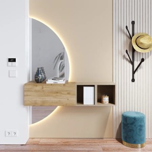 Vista ambientata Mobile Ingresso 124x155h in legno colore "rovere cadiz - argilla" con doppio scpecchio retroilluminato modello Modula Totò Piccinni