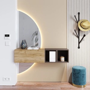 Vista ambientata Mobile Ingresso 124x155h in legno colore "rovere cadiz - bronzo" con doppio scpecchio retroilluminato modello Modula Totò Piccinni