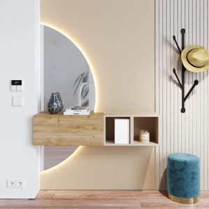 Vista ambientata Mobile Ingresso 124x155h in legno colore "rovere cadiz - cashmere" con doppio scpecchio retroilluminato modello Modula Totò Piccinni