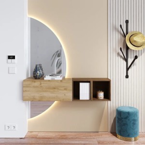 Vista ambientata Mobile Ingresso 124x155h in legno colore "rovere cadiz - rovere mercure" con doppio scpecchio retroilluminato modello Modula Totò Piccinni