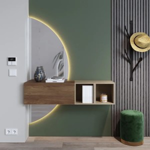 Vista ambientata Mobile Ingresso 124x155h in legno colore "rovere mercure - argilla" con doppio scpecchio retroilluminato modello Modula Totò Piccinni