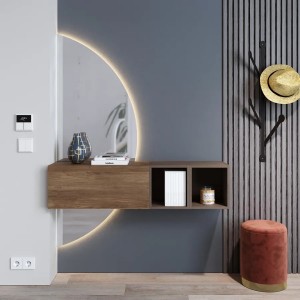 Vista ambientata Mobile Ingresso 124x155h in legno colore "rovere mercure - bronzo" con doppio scpecchio retroilluminato modello Modula Totò Piccinni