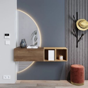 Vista ambientata Mobile Ingresso 124x155h in legno colore "rovere mercure - rovere cadiz" con doppio scpecchio retroilluminato modello Modula Totò Piccinni