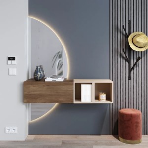 Vista ambientata Mobile Ingresso 124x155h in legno colore "rovere mercure - cashmere" con doppio scpecchio retroilluminato modello Modula Totò Piccinni