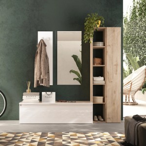 Vista ambientata Mobile ingresso in legno 194x186h colore "cashmere - rovere cadiz" modello Modula Totò Piccinni