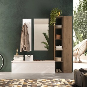 Vista ambientata Mobile ingresso in legno 194x186h colore "cashmere - rovere mercure" modello Modula Totò Piccinni