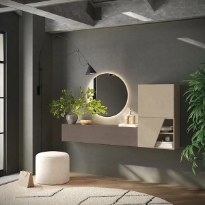 Vista ambientata Mobile ingresso reversibile in legno 193x30x100h colore "bronzo - argilla" modello Modula Totò Piccinni