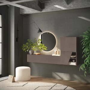 Vista ambientata Mobile ingresso reversibile in legno 193x30x100h colore "bronzo" modello Modula Totò Piccinni