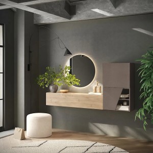 Vista ambientata Mobile ingresso reversibile in legno 193x30x100h colore "rovere cadiz - bronzo" modello Modula Totò Piccinni