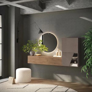 Vista ambientata Mobile ingresso reversibile in legno 193x30x100h colore "rovere mercure - bronzo" modello Modula Totò Piccinni