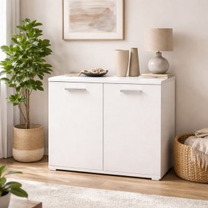 Vista ambientata mobile multiuso in legno con 2 ante e 1 ripiano colore "bianco frassino" modello Rugiada Totò Piccinni