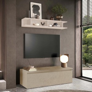 Vista ambientata Mobile porta tv con mensola in legno 138x40x170h colore "argilla - cashmere" modello Modula Totò Piccinni