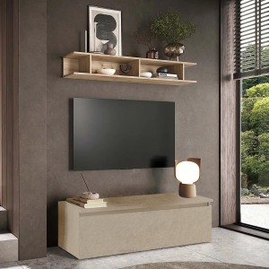 Vista ambientata Mobile porta tv con mensola in legno 138x40x170h colore "argilla - rovere cadiz" modello Modula Totò Piccinni