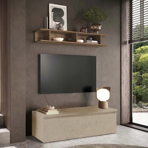 Vista ambientata Mobile porta tv con mensola in legno 138x40x170h colore "argilla e rovere mercure" modello Modula Totò Piccinni