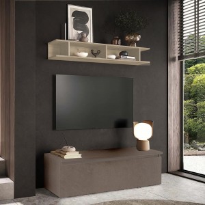 Vista ambientata Mobile porta tv con mensola in legno 138x40x170h colore "bronzo - argilla" modello Modula Totò Piccinni