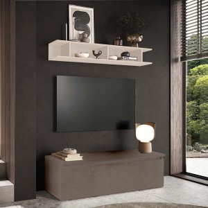 Vista ambientata Mobile porta tv con mensola in legno 138x40x170h colore "bronzo - cashmere" modello Modula Totò Piccinni