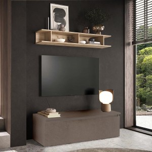 Vista ambientata Mobile porta tv con mensola in legno 138x40x170h colore "bronzo - rovere cadiz" modello Modula Totò Piccinni