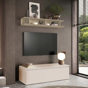 Vista ambientata Mobile porta tv con mensola in legno 138x40x170h colore "cashmere - argilla" modello Modula Totò Piccinni