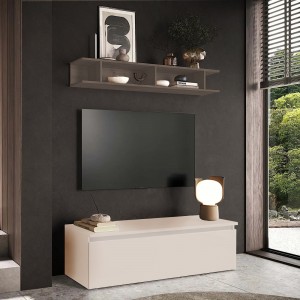 Vista ambientata Mobile porta tv con mensola in legno 138x40x170h colore "cashmere - bronzo" modello Modula Totò Piccinni