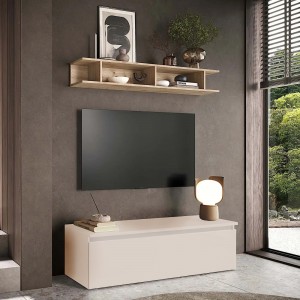 Vista ambientata Mobile porta tv con mensola in legno 138x40x170h colore "cashmere - rovere cadiz" modello Modula Totò Piccinni