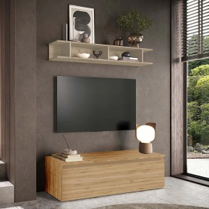 Vista ambientata Mobile porta tv con mensola in legno 138x40x170h colore "rovere cadiz - argilla" modello Modula Totò Piccinni