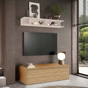 Vista ambientata Mobile porta tv con mensola in legno 138x40x170h colore "rovere cadiz - cashmere" modello Modula Totò Piccinni