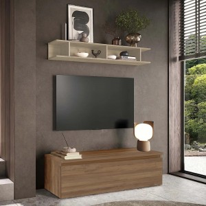 Vista ambientata Mobile porta tv con mensola in legno 138x40x170h colore "rovere mercure - argilla" modello Modula Totò Piccinni